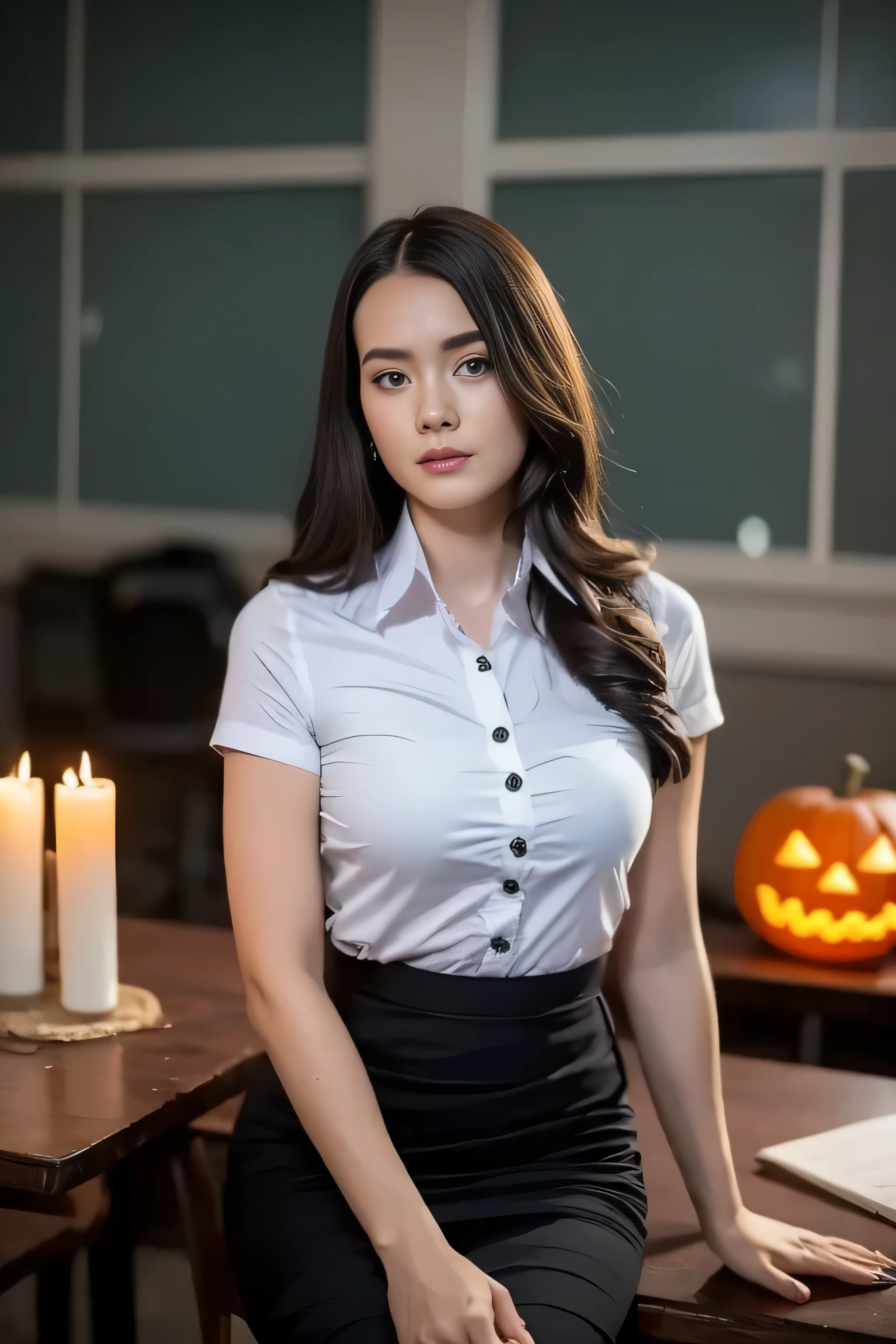Close up,1 girl{{A beautiful woman wearing a white short-sleeved shirt and a black pencil skirt}} , Sitting in a sexy pose on a desk, with a jack-o-lantern, in an abandoned classroom at night, with dim candles, with bokeh in the background, dark atmosphere, with a ghost in black standing in the background.