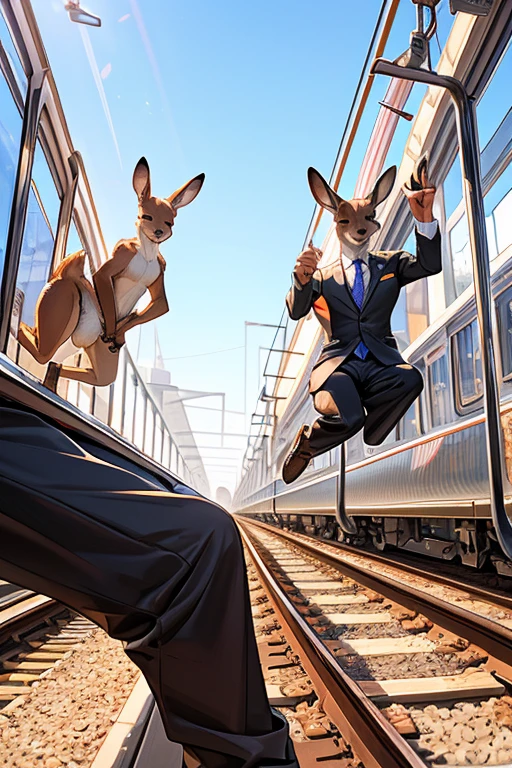 there are two kangaroos that are jumping on the train tracks, kangaroos, subject : kangaroo, subject: kangaroo, spy kangaroo, rails, kangaroo, shutterstock, two deer wearing suits, portrait shot, train, animals running along, istock, digital art animal photo, australian, photo shot, chasing a kangaroo, very symmetrical, ultra realist