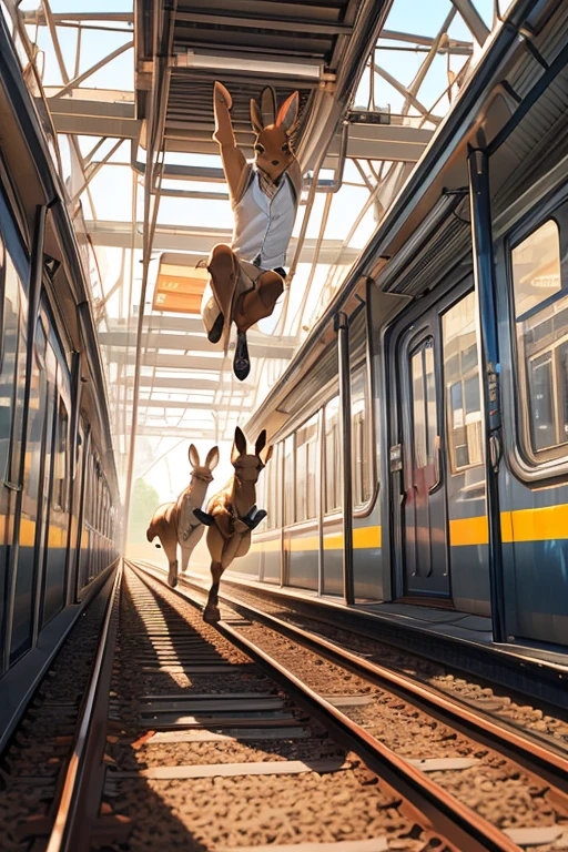 there are two kangaroos that are jumping on the train tracks, kangaroos, subject : kangaroo, subject: kangaroo, spy kangaroo, rails, kangaroo, shutterstock, two deer wearing suits, portrait shot, train, animals running along, istock, digital art animal photo, australian, photo shot, chasing a kangaroo, very symmetrical, ultra realist