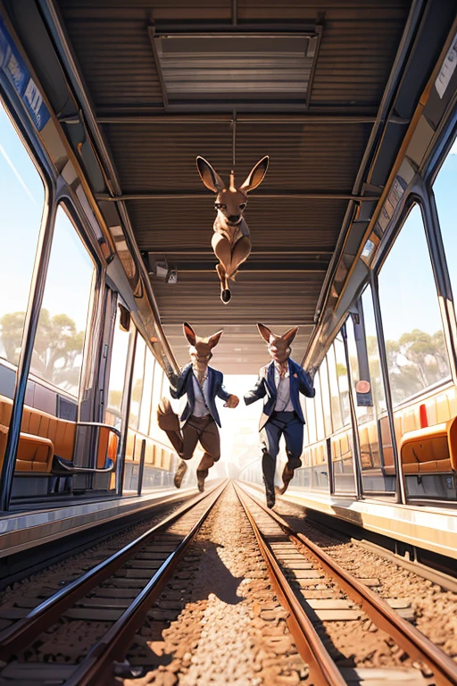 there are two kangaroos that are jumping on the train tracks, kangaroos, subject : kangaroo, subject: kangaroo, spy kangaroo, rails, kangaroo, shutterstock, two deer wearing suits, portrait shot, train, animals running along, istock, digital art animal photo, australian, photo shot, chasing a kangaroo, very symmetrical, ultra realist