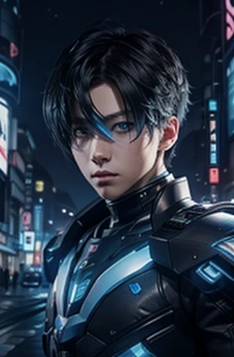  Texture、Future City、   anime boy in futuristic costume with blue eyes and dark hair, Cyberpunk Anime Boy,   boy equipped with mecha cyber armor   .