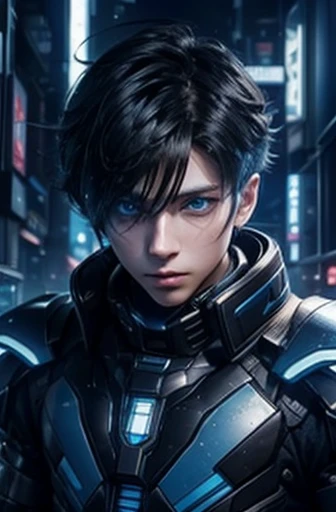  Texture、Future City、   anime boy in futuristic costume with blue eyes and dark hair, Cyberpunk Anime Boy,   boy equipped with mecha cyber armor   .