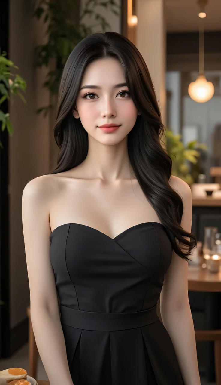 Portrait of a graceful Korean woman in her late 20s, with elegant long hair cascading down her back and a gentle smile gracing her lips. She exudes an air of sophistication and poise. Adorned in a sleek black strapless dress that accentuates her slendegure, she embodies a sense of timeless elegance and understated glamour. Her eyes sparkle with warmth and kindness, reflecting an inner strength and confidence.

Her posture is relaxed yet commanding, as she stands facing the camera at a three-quarter angle, her head tilted slightly upward, conveying a sense of ambition and vision. The soft, directional lighting from the left casts gentle shadows on her face, accentuating her delicate features and enhancing the rich color of her hair.

The background is a defocused, upscale restaurant setting with muted tones of black and gold, adding an air of luxury and sophistication to the image. Shot with a full-frame DSLR using an 85mm portrait lens at f/2.8, the photo captures sharp details in her eyes and face while creating a dreamy bokeh effect in the background. The image has a cinematic quality, reminiscent of editorial photography from high-end fashion magazines.

Post-processing emphasizes cool tones and enhances contrast, giving the image a polished and contemporary look. The final result is a captivating portrait that showcases the elegance and grace of this Korean beauty, while also highlighting her inner strength and warmth. This image would be perfect for a high-fashion editorial or a personal branding photoshoot