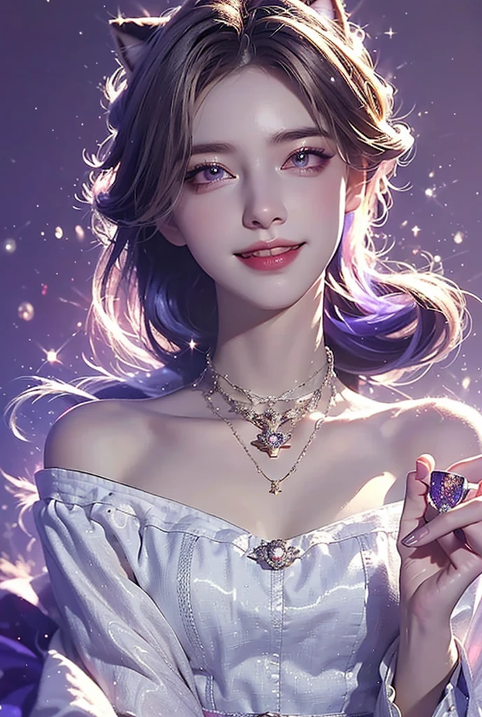 1girl, High Resolution, Masterpiece, Accurate, High Details, High Quality, Super Detailed, Long Hair, Purple Hair, Blue Hair, Red Hair, purple left eye,Multicolored Hair, Fox Ears, Red right Eyes, Grin, Simple background, looking at the viewer, black background, roses, Mask, necklace, Gloves, mature, cool, dark, Depth Of Field, Sparkle, Silhouette, Backlighting, Anime Style, Artistic, Cinematic, Chaos, Digital Art, Unreal Engine, head portrait 