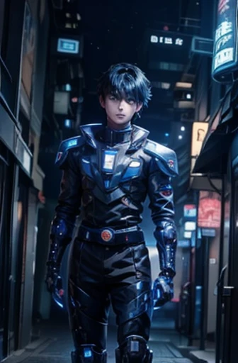  Texture、Future City、whole body、anime boy in futuristic costume with blue eyes and dark hair, Cyberpunk Anime Boy,   boy equipped with mecha cyber armor   .