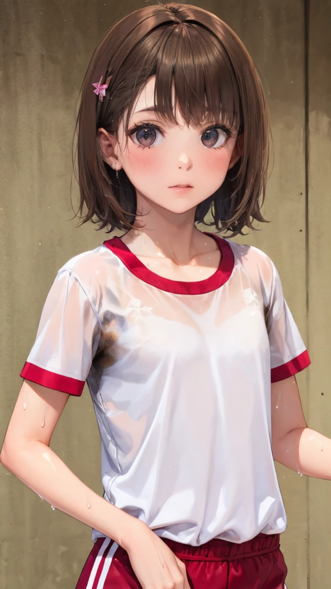 At school, Junior high school students、Physical education class、Realistic、 cute girl ,  light brown hair、 short hair,  hairpin、Double teeth、Gym clothes、 white t-shirt,  Super detailed, 4K、(((sweat)))、Body odor、Wet Skin、((An innocent smile))