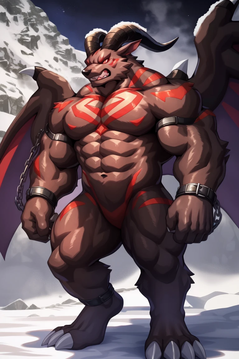 (Belphemon,(Digimon), (brown skins,glowing red eyes1.2),giant, wings, horns, monster, chains, red chest mark), (pose:1.3), (posing:1.3), (soft shading), 4k, hi res, five fingers, detailed hands, ((detailed face, (detailed eyes:1.3), detailed)), wide chest, thick thighs, thick arms,thick legs, wide thick chest, large pecs, large biceps, ((focus on full body)),show legs,show feet,(by kamyuelo:1.1), solo, looking at viewer,((angry roaring)), 1boy, snow background with ice, standing, full body,((nude:1.7)), male focus, muscular, flexing, smile,furry