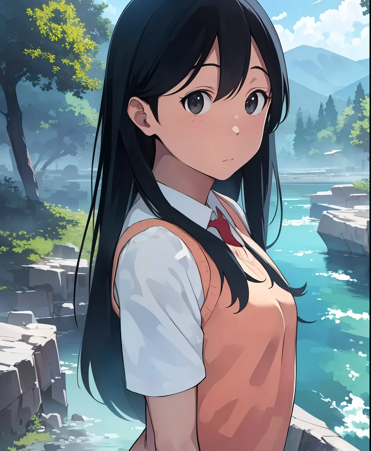 (masterpiece、Best Quality、Best Quality、Official Art、Beautiful and beautiful:1.2)、(One person:1.3),Long black hair、Chairman、masterpiece, Best Quality, High image quality, very detailedなCG Unity 8k壁紙 , landscape, Outdoor, null, cloud, null, mountain, landscape, water, tree, blue null, waterfall, cliff, nature, lake, river , cloudy skies, Award Winning Photos , Bokeh, depth of coverage, High Resolution , bloom, chromatic avalation , photorealism , very detailed, trending at art stations , Popular on CGSociety, Complex, high detail, dramatic, Art on the road