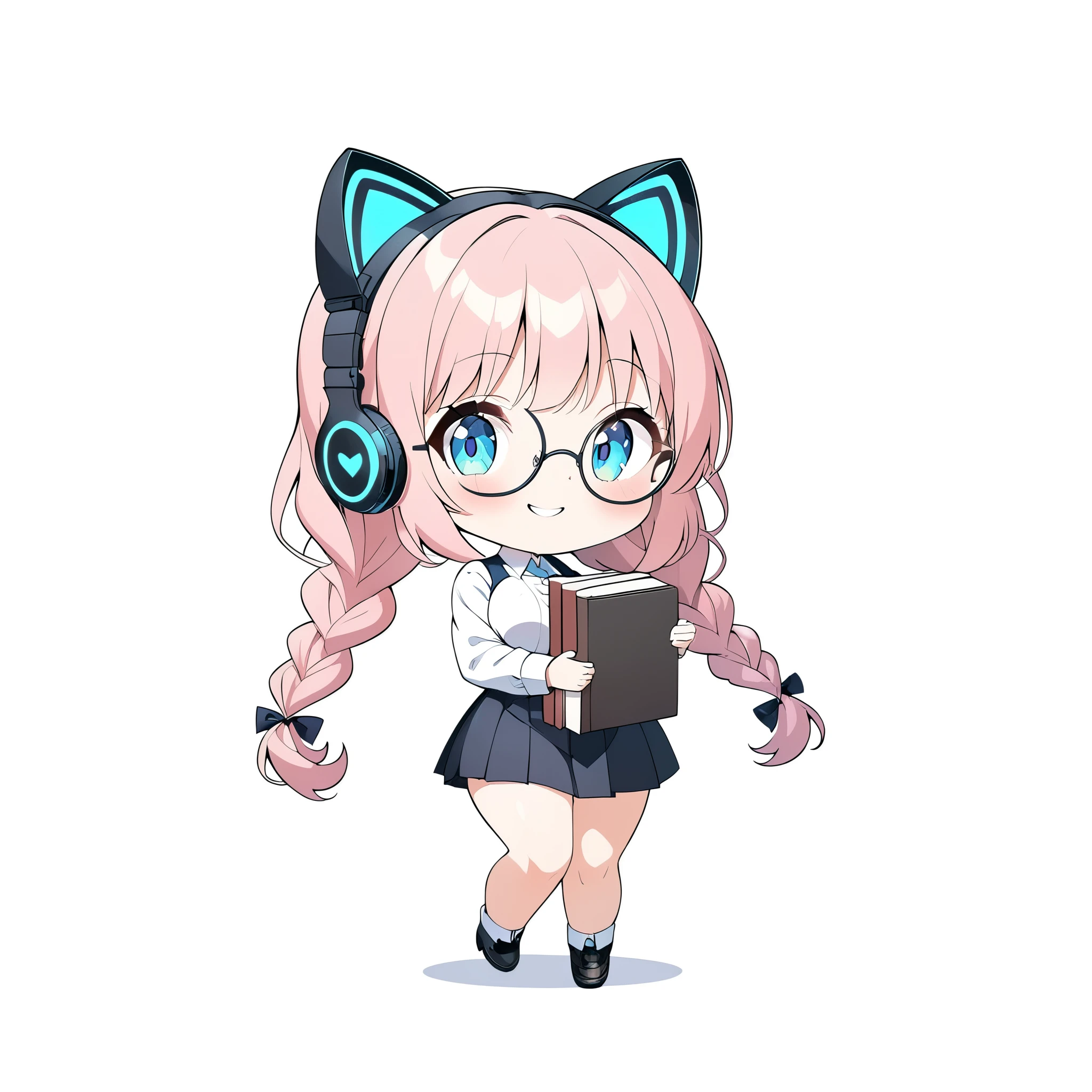  (best quality:1.2), (ultra-detailed:1.2), (2.5D:1.2), (Anime Moe Art Style), 1girl , pink hair,  Cyan eyes, gradient eyes, twin braids, blue Glowing cat ear headphones, black round glasses, large breasts,chibi character, Carry a lot of books, full body , smile 