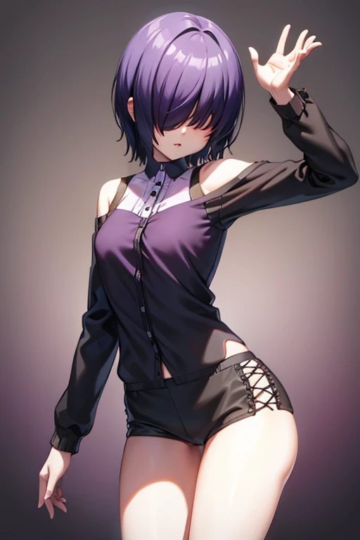 dark purple short hair women black shirt and panties and a white background 