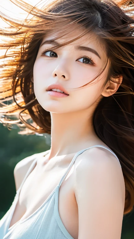 top-quality。８K-Picture。Young gravure idols。Beautiful Women in Perfect Style。Slender but big breasts。The attraction of the gap。Slim abs。Silver hair。(Colossal tits：1.4)。kawaii eyes。Double eyelids。long, Wavy Hair。Very delicately drawn face。Perfect Style。Shot in orange bikini。(The fate of gravure idols、Colossal tits：1.4)。Subtle smile or shyness。time々、Raking up your hair with your right hand、Pose looking up at the sky。Clean armpits。