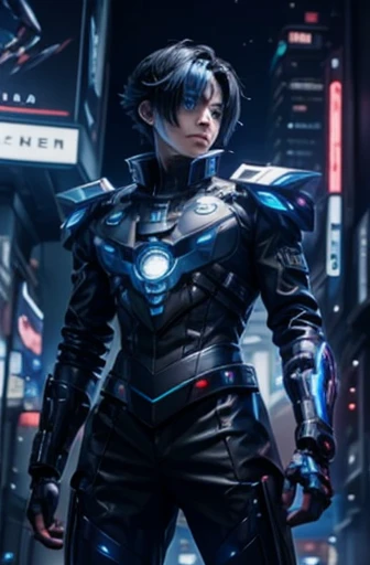  Texture、Future City、    and an anime boy is wearing a futuristic costume、I have blue eyes and dark hair , Cyberpunk Anime Boy,    boy equipped with mecha cyber armor     .