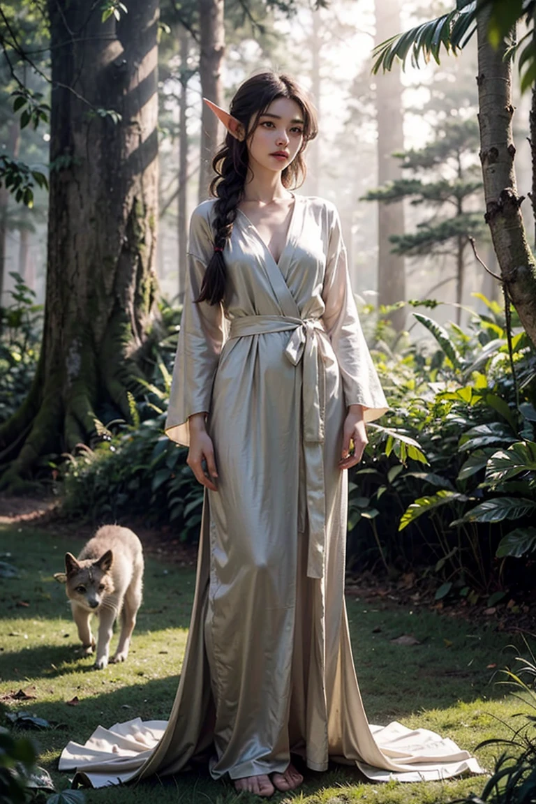 A serene female elf dressed in a modest, earth-toned robe, standing beneath a large, ancient tree in a mystical forest. Her long hair is braided, adorned with small flowers and leaves, while her kind eyes look toward the animals gathering around her. Soft light filters through the trees, casting a warm glow on her gentle, yet powerful presence as a protector of nature.