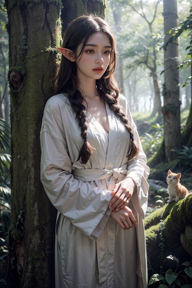 A serene female elf dressed in a modest, earth-toned robe, standing beneath a large, ancient tree in a mystical forest. Her long hair is braided, adorned with small flowers and leaves, while her kind eyes look toward the animals gathering around her. Soft light filters through the trees, casting a warm glow on her gentle, yet powerful presence as a protector of nature.