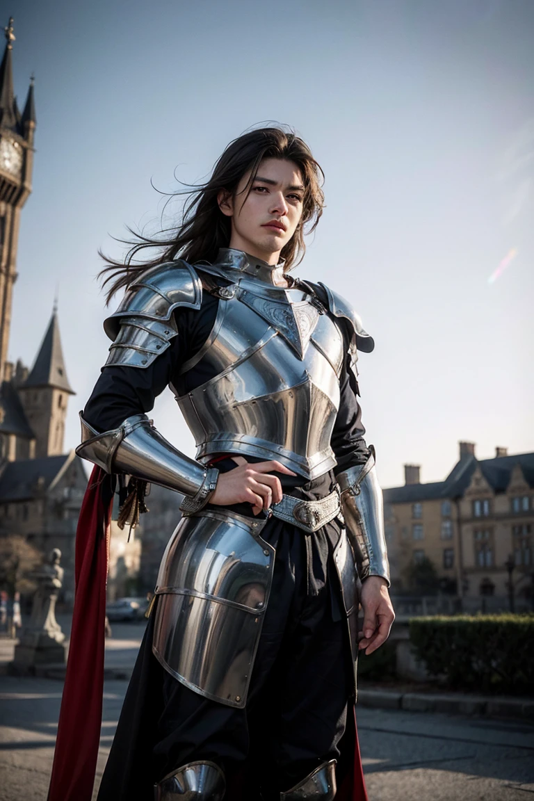 A brave young knight in polished steel armor, standing confidently in front of a grand stone castle. The sun sets behind the castle, casting a golden glow on his face. His armor is detailed with engraved patterns, and he holds a shield adorned with a royal crest. Behind him, the towering castle gates and walls loom large, with banners fluttering in the wind. His expression is serious, ready to protect his kingdom