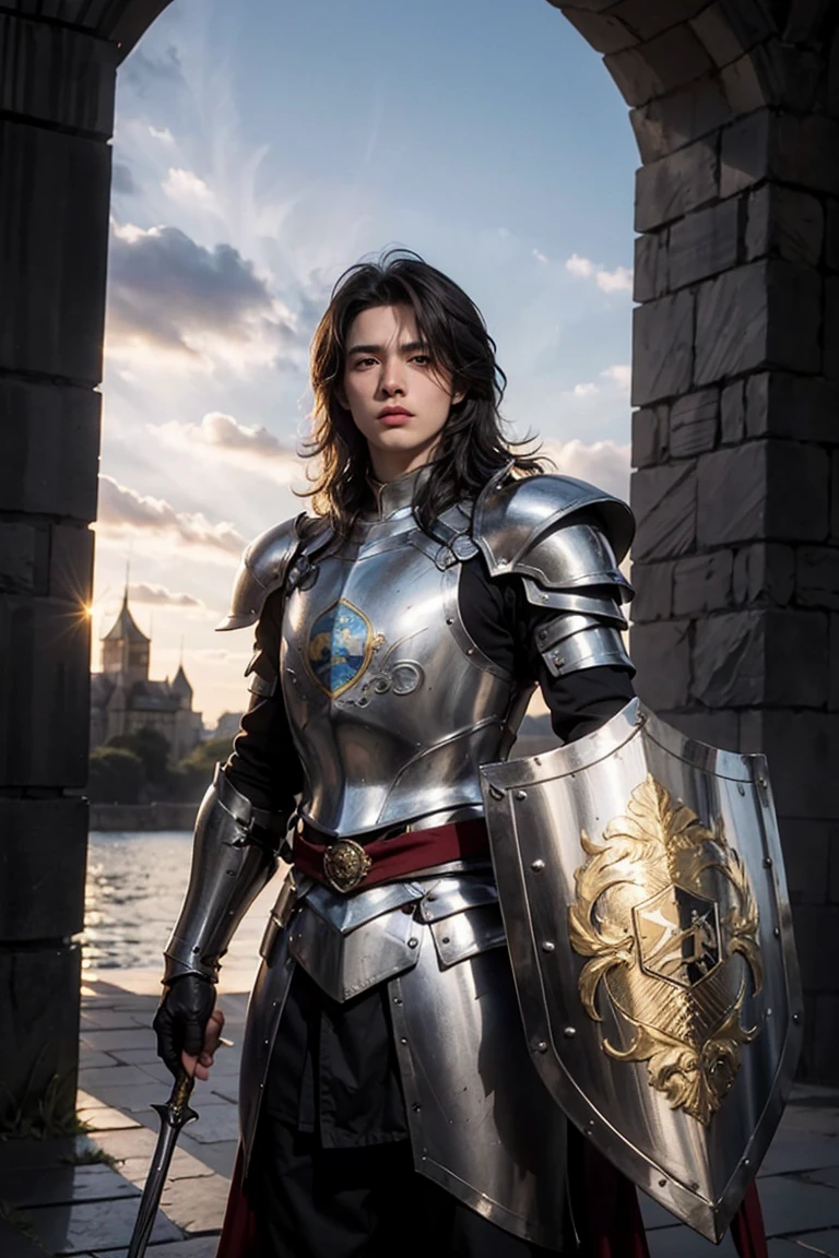 A brave young knight in polished steel armor, standing confidently in front of a grand stone castle. The sun sets behind the castle, casting a golden glow on his face. His armor is detailed with engraved patterns, and he holds a shield adorned with a royal crest. Behind him, the towering castle gates and walls loom large, with banners fluttering in the wind. His expression is serious, ready to protect his kingdom