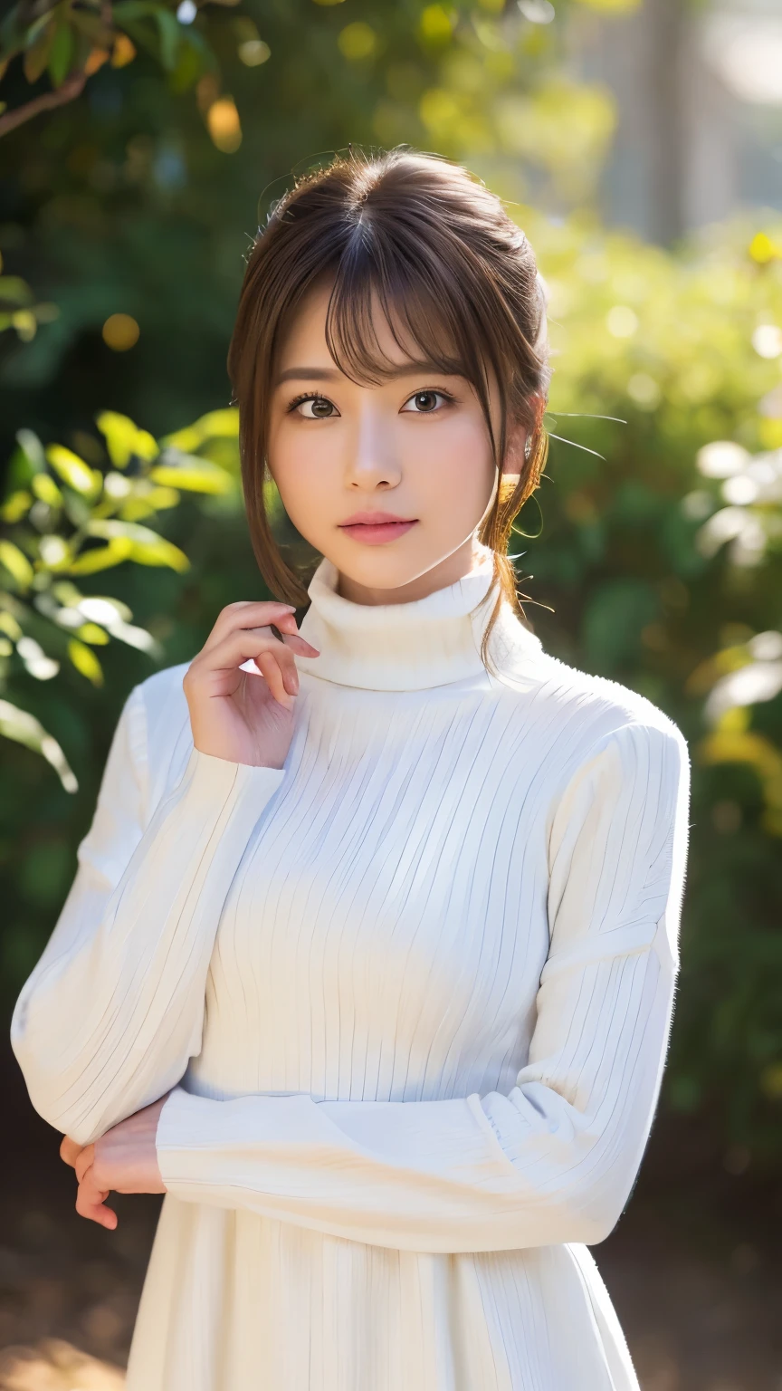 Japan woman in turtleneck sweater、
(((masterpiece))), ((top-quality)), ((intricate detailes)), (((hyper realisitic)), Absurd resolution, Near and far law, ighly detailed, Realistic, 1girl in, ((Colossal tits)), perfect hand, Detailed finger, beatiful detailed eyes, shorth hair, Brown-eyed,(turtle neck:1.2), tight skirts, 细致背景, a choker, perfect eyes, mesmerizing eyes, Look at viewers, from the front side、A smile、Mole on the mouth、Knitted dresses