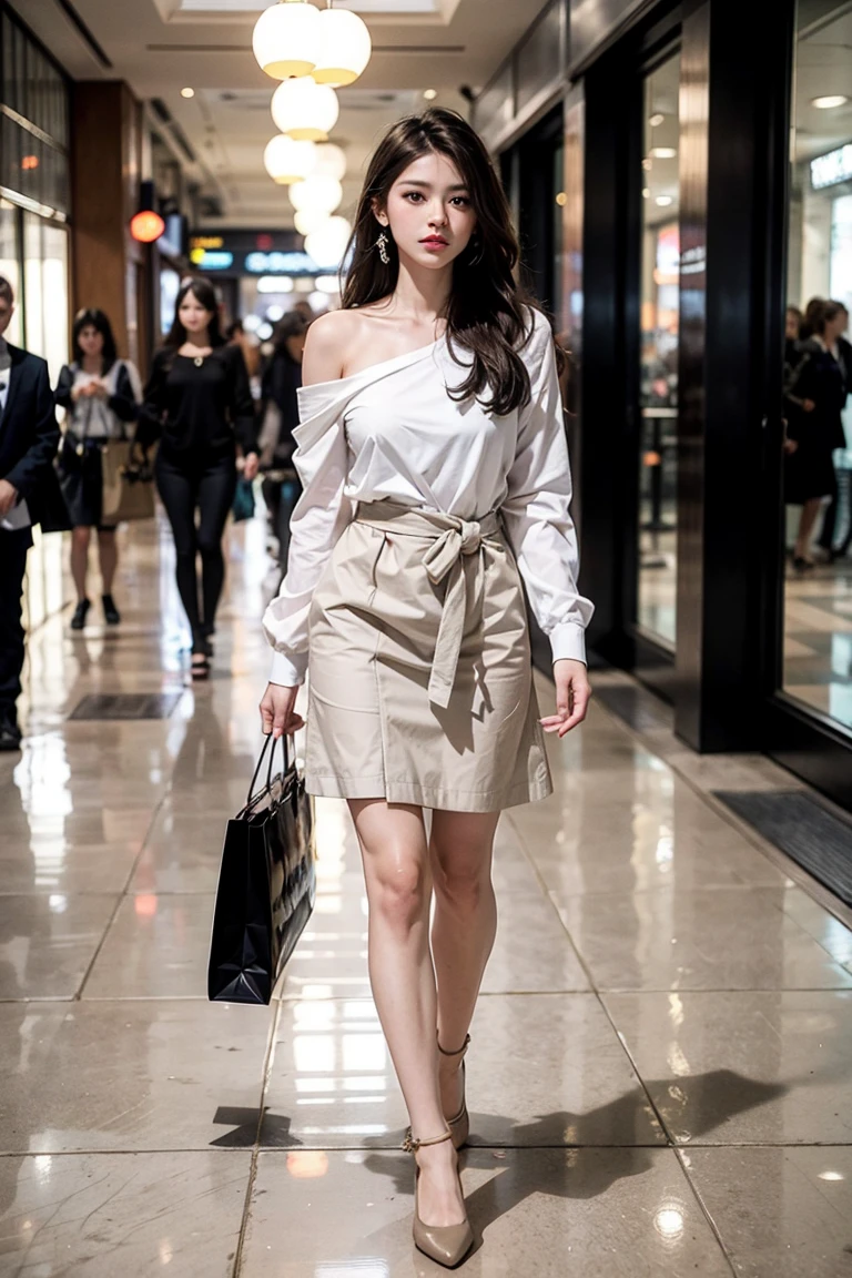 A woman dressed in a modest, casual outfit standing in the center of a modern shopping mall. She wears a light-colored blouse with long sleeves and a knee-length skirt, paired with simple flats. Her hair is neatly tied back, and she carries a handbag over her shoulder. The mall around her is bright and bustling with people, featuring large glass windows, stores with elegant displays, and soft lighting from overhead chandeliers