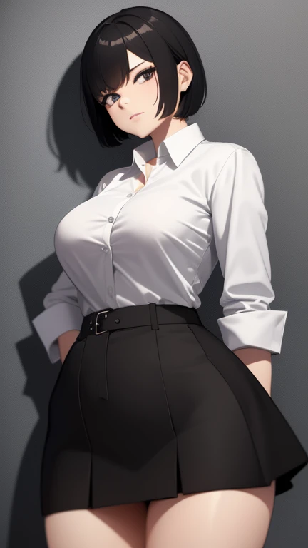 ((masterpiece, best quality)), (1girl), (solo), (female focus), (ahoge, white hair, short hair), black eyes, ((white shirt), (buttoned shirt)), ((black skirt), (short skirt)), standing, white background, arms behind back,((masterpiece, best quality)), (1girl), (solo), (female focus), (ahoge, white hair, short hair), black eyes, ((white shirt), (buttoned shirt)), ((black skirt), (short skirt)), standing, white background, arms behind back,head to toe,head to toe