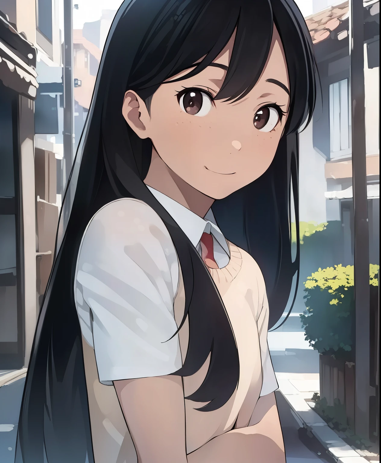 (masterpiece、Best Quality、Best Quality、Official Art、Beautiful and beautiful:1.2)、(One person:1.3),Long black hair、RAW Photos, staring at the camera, ((Best Quality, 8k, masterpiece: 1.3)), Sharp focus: 1.2, white shirt, Beautiful Features, The best smile, cute smile , Beautiful Woman with Perfect Style : 1.4, Slim Abs: 1.2, dark brown hair, (Natural Light, city street: 1.1), highly detailed face and skin textures , Detailed eyes, Double Eyelid