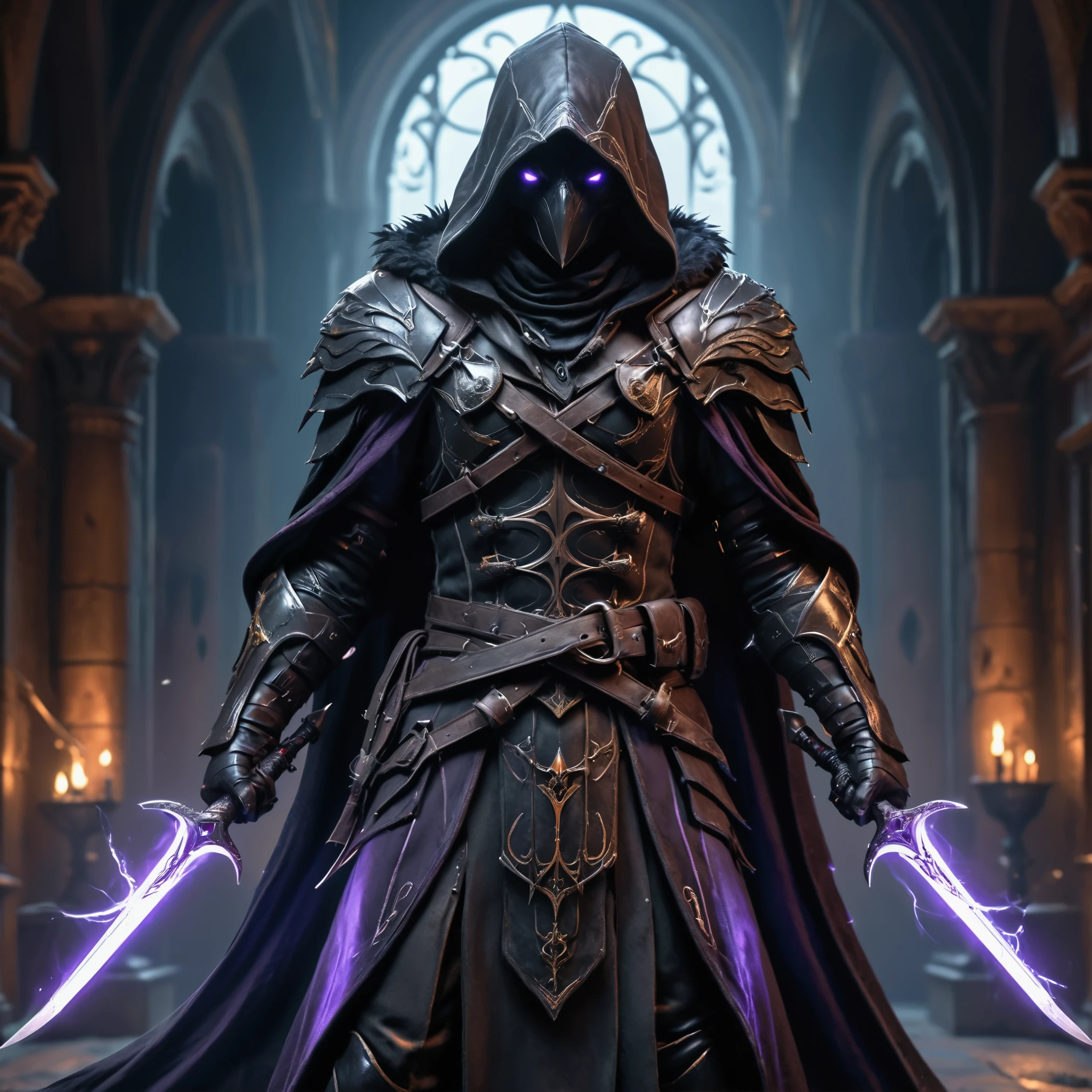 Dark fantasy photo of a cloaked anthropomorphic raven, dual wielding daggers, dynamic combat defense pose, hooded, glowing eyes, dark, long metal crows beak with ornate engravinga, assassins creed style leather cloak with dark purple trim, leather attire, straps around torso and chest holding throwing knives, dynamic posing, combat pose, detailed background, gothic, shadows, dark victorian background, Illustration, Character Design, Conceptual Art, Hyperdetailed, High Resolution, Masterpiece, Best Quality, UHD, Super Detailed, dark, assassins creed style
