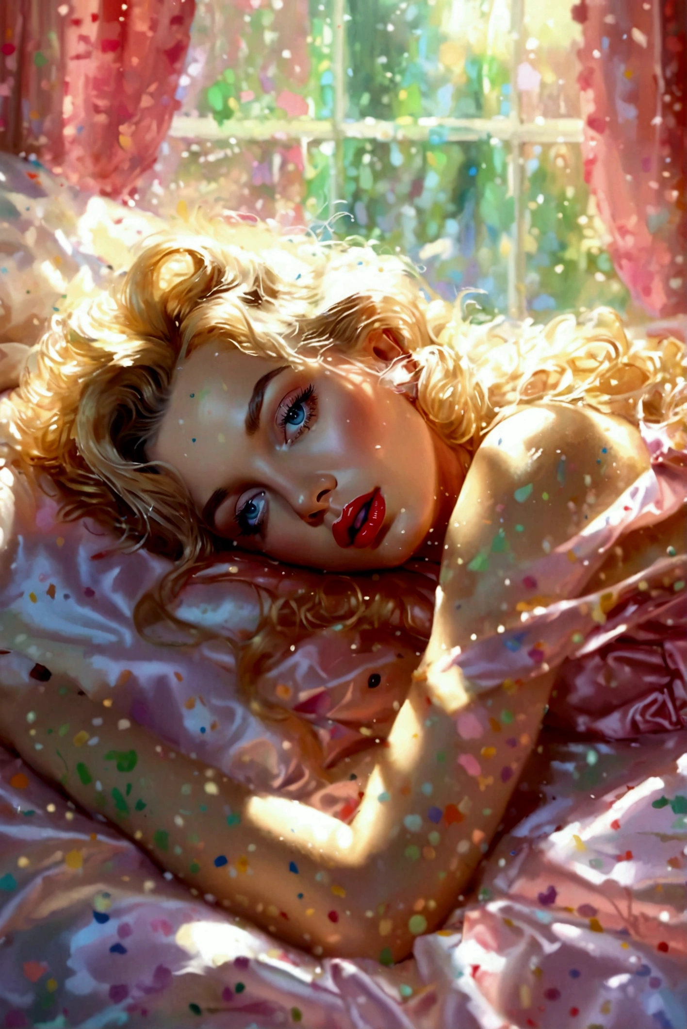 Marilyn Monroe, gorgeous woman, in her prime, asleep on her back under satin sheets, her cat playfully jumps on her and wakes her up, 1girl, detailed face, beautiful detailed eyes, beautiful detailed lips, extremely detailed eyes and face, longeyelashes, elegant expression, graceful pose, bedroom interior, window light, soft lighting, pastel colors, dreamy atmosphere, (best quality,4k,8k,highres,masterpiece:1.2),ultra-detailed,(realistic,photorealistic,photo-realistic:1.37),HDR,studio lighting,ultra-fine painting,sharp focus,physically-based rendering,extreme detail description,professional,vivid colors,bokeh,portrait
