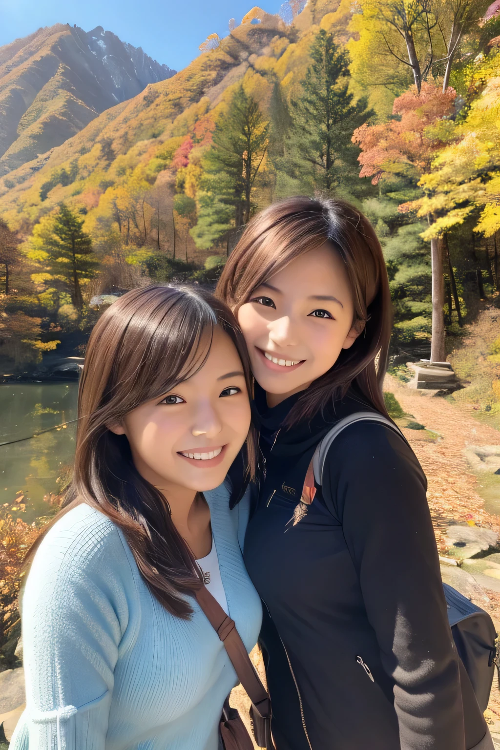 ((masterpiece)), Japanese, ((Two Girls)), smile, In the mountains in autumn,