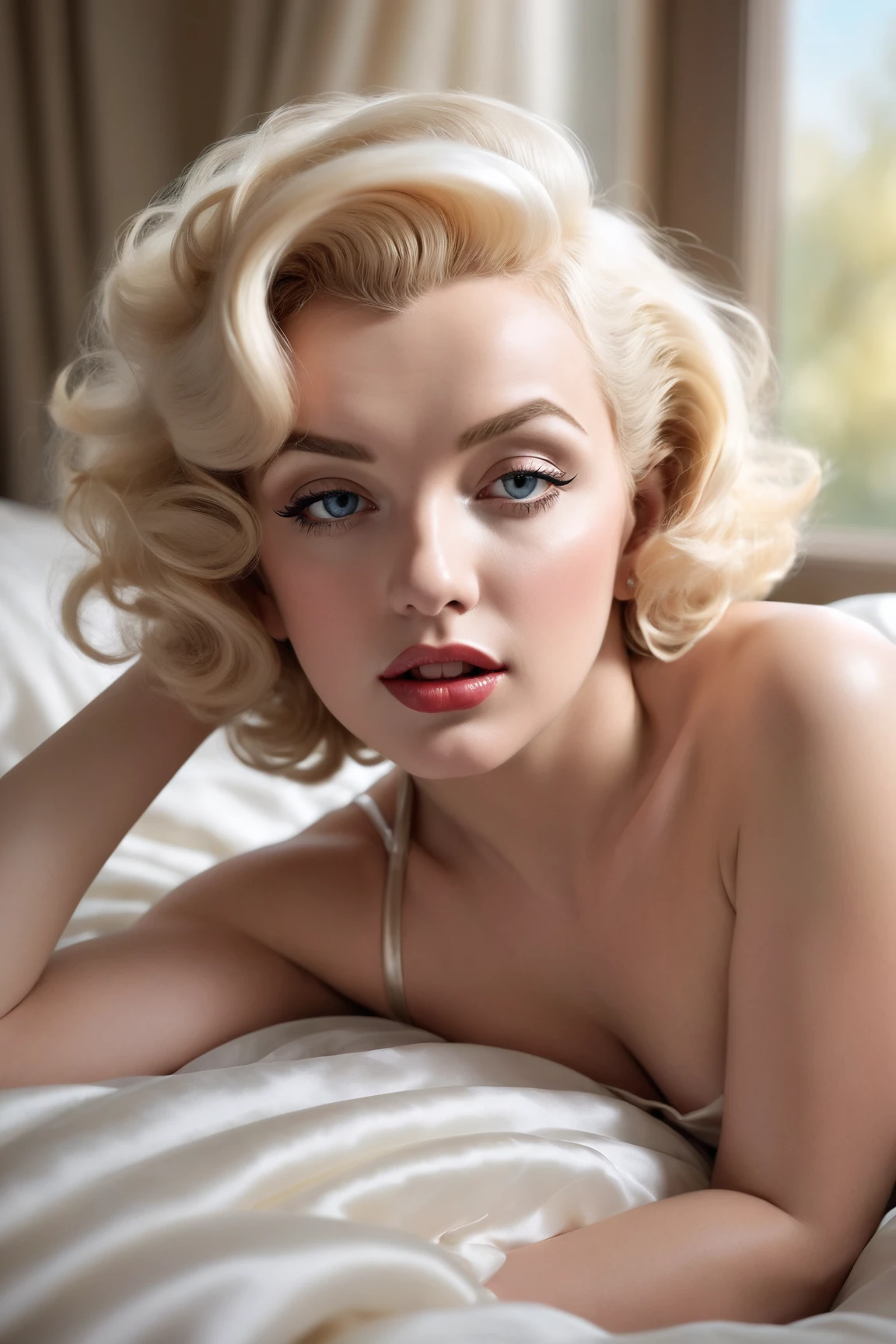 Marilyn Monroe, gorgeous woman, in her prime, asleep on her back under satin sheets, her cat playfully jumps on her and wakes her up, 1girl, detailed face, beautiful detailed eyes, beautiful detailed lips, extremely detailed eyes and face, longeyelashes, elegant expression, graceful pose, bedroom interior, window light, soft lighting, pastel colors, dreamy atmosphere, (best quality,4k,8k,highres,masterpiece:1.2),ultra-detailed,(realistic,photorealistic,photo-realistic:1.37),HDR,studio lighting,ultra-fine painting,sharp focus,physically-based rendering,extreme detail description,professional,vivid colors,bokeh,portrait
