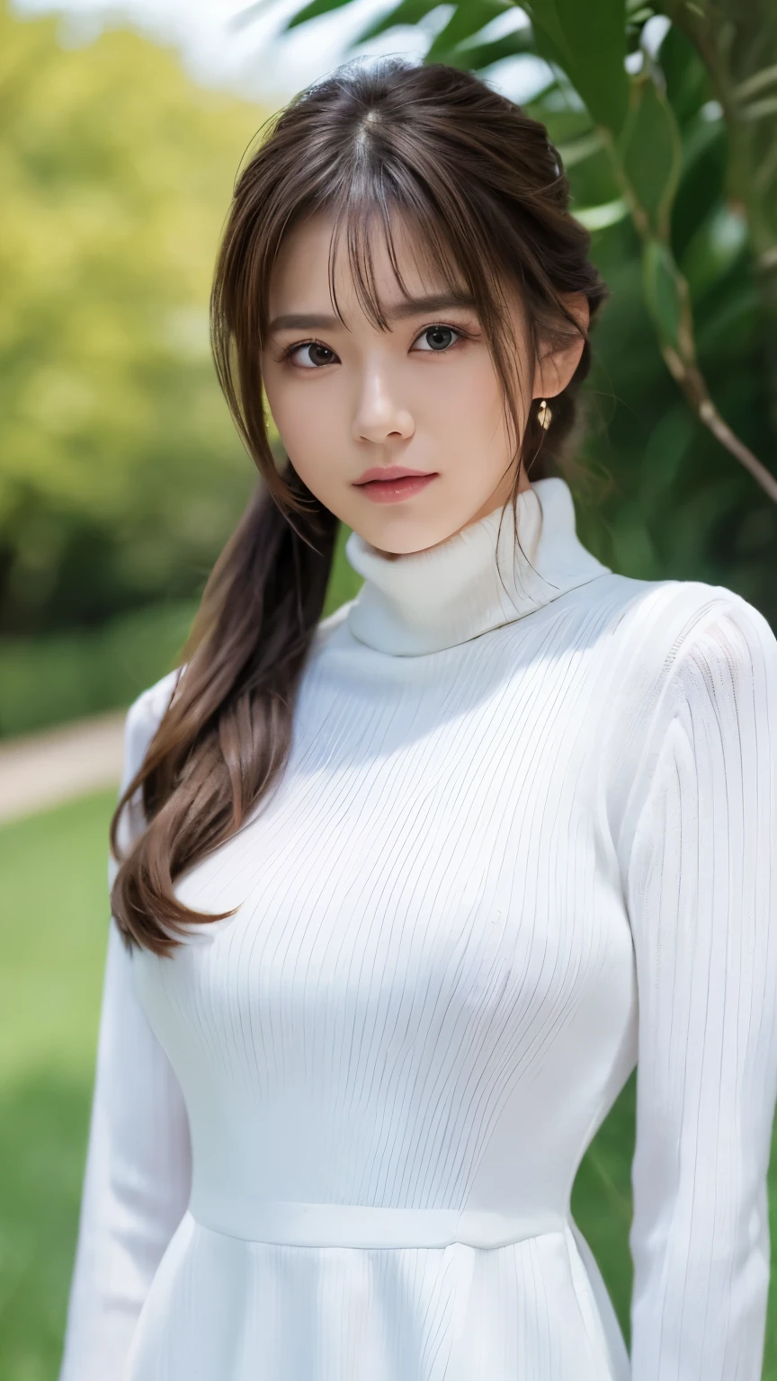 ulzzang-6500-v1.1, (RAW Photos:1.2), (Photorealistic), (masterpiece:1.5)、(Realistic:1.5)、(Highest quality:1.4、8K、RAW Photos）、 Ultra-high resolution、Professional Lighting、Perfect dynamic composition、Outdoor Shot、 Film Grain、chromatic aberration、(Bokeh:1.1)、 Frank、Sophisticated、charm、Surreal、High detail、Golden Ratio、 (1 Girl)、Slender girl、繊細でcharm女の子、Cute Woman:1.4、 Serious expression、Looking at the audience、Various poses、 Light brown hair、Shiny Hair、Hairstyle: ponytail、 Realistic looking skin、 shut up.、Beautiful Eyes、double eyelid、Thin arms、、 (Wearing a white ribbed turtleneck sweater dress:1.3)、RAW Photos, sharp, Nikon D850 film stock photo by Lee Jefferies 4 Kodak Portra 400 camera F1.6 Lenses、Rich colors、Ultra-realistic and lifelike textures、Dramatic lighting、Unreal Engine、Art Station Trends、Cinestar 800,
