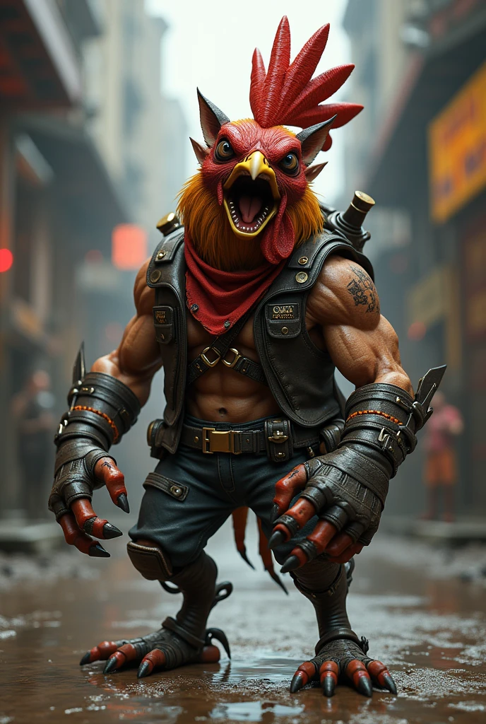 ((best quality)),((ultratailed)), ((masterpiece)), illustration, Scene structure: animal rooster personified as a gangster, with monkey face and human body. He has a muscle build and tattoos on his body. He rides his motorcycle in the city, with tall buildings behind him and flashing neon lights. Immediate composition: Rooster-gangster, animal personification, motorcycle riding, tattooed body, muscle building, cityscape, tall buildings, neon Substance 3D lights, Octane rendering, (hdr: 1.3)