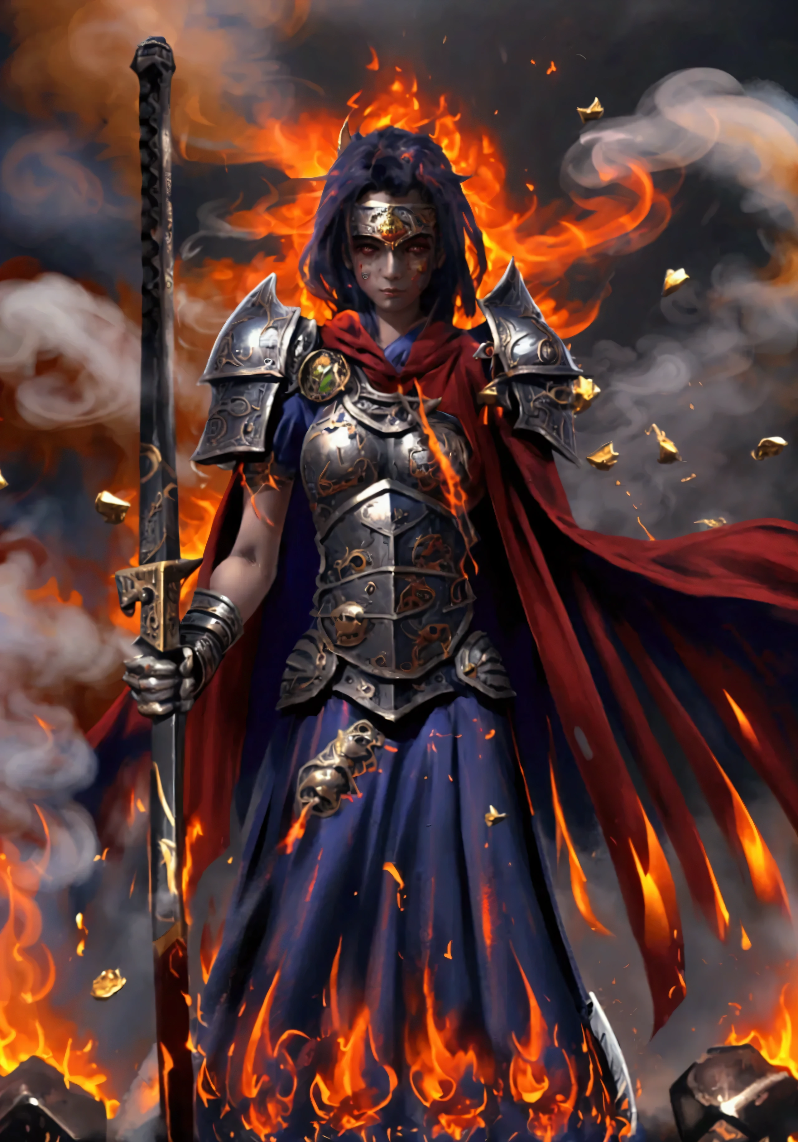 A stylized realistic (((character sheet))), best quality, full body portrait in the style of James Gurney, showcasing a  fiery Indian warrior queen with (smoldering eyes:1.2), (determined expression:1.2), and (elaborate warpaint:1.3). She wears intricately crafted (steel armor:1.4) with (gold accents:1.3) and a flowing (crimson cape:1.4) billowing behind her. She wields a gleaming (sword and shield:1.3), ready for battle. Her pose is powerful and dynamic, capturing her strength and determination. The background is a stylized battlefield with (smoke and fire:1.4), creating a sense of urgency and danger. The lighting is dramatic and reminiscent of Gurney's dynamic compositions, highlighting the details of her armor and weaponry. The linework is bold and precise, with a subtle suggestion of brushstrokes, conveying both power and grace. The overall mood is one of fierce determination, courage, and unwavering resolve.

Keywords:  Indian warrior queen, smoldering eyes, determined expression, elaborate warpaint, steel armor, gold accents, crimson cape, sword and shield, powerful pose, stylized battlefield, smoke and fire, dramatic lighting, bold linework, fierce determination, courage, unwavering resolve, character sheet, full body portrait.

Art styles: James Gurney, Art Deco, Heroic fantasy

Additional parameters: --ar 3:2 --zoom 1.8 --style expressive --lighting dramatic