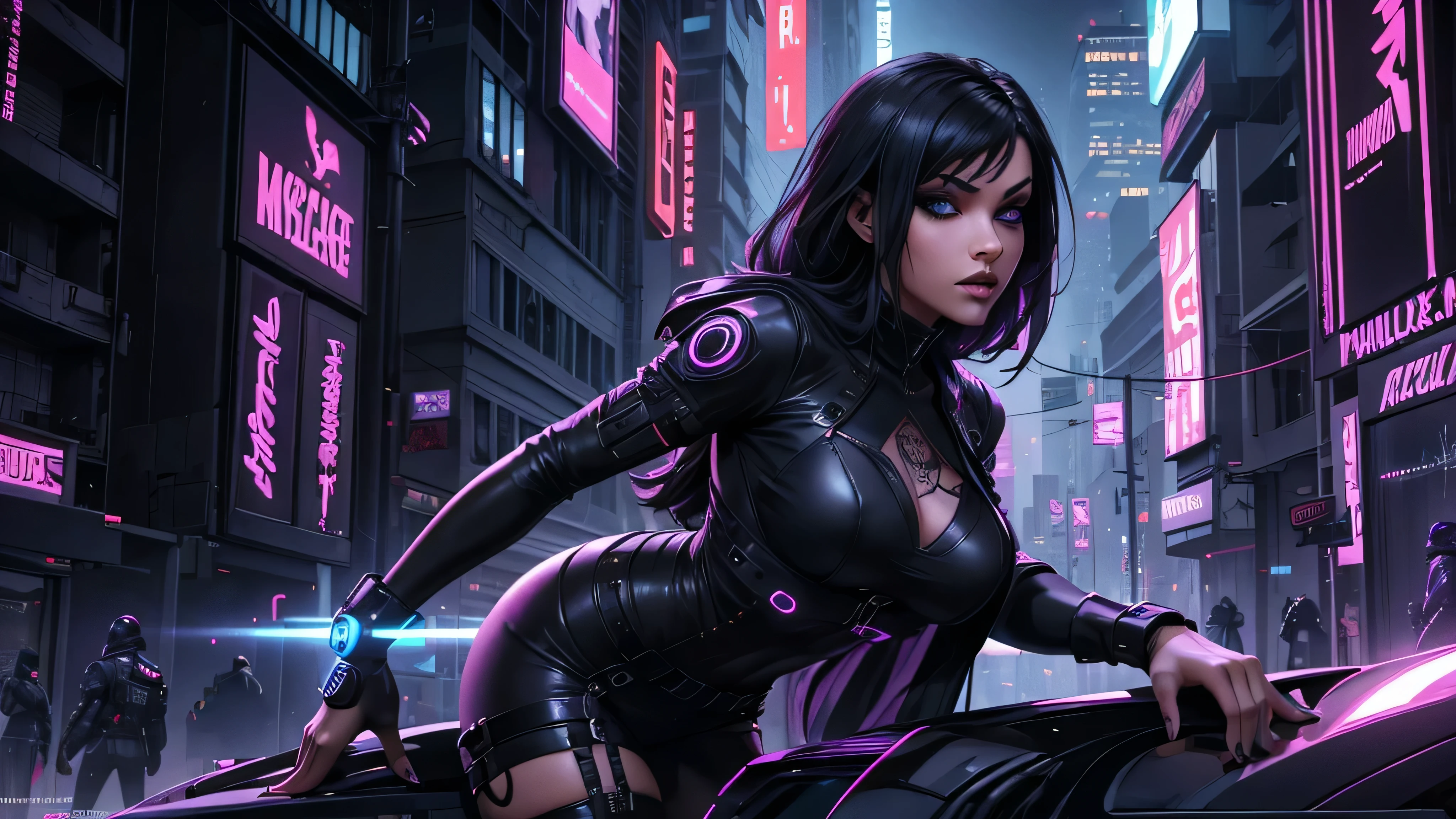 magnifique, une fille, regard magnifique, sensuelle, séduisante, sexy, tenue cyberpunk moulante, tatouages noirs, collant noir, talon, debout, de dos, tout le corps visible, éloigné, cyberpunk, esthétique, Pinterest, super sexy,