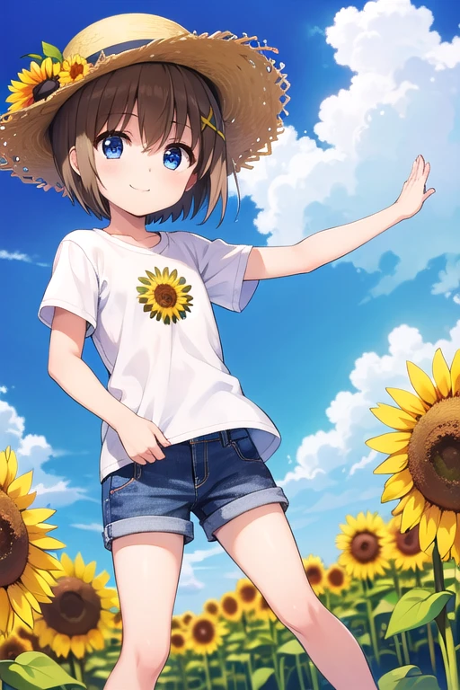 masterpiece,best quality,ultra detail,1girl, ****,petite,smile happy,sunflower garden,straw hat,sunshine,cloud,yagami hayate, short hair, blue eyes, brown hair, hair ornament, x hair ornament,t-shirt,jeans, 