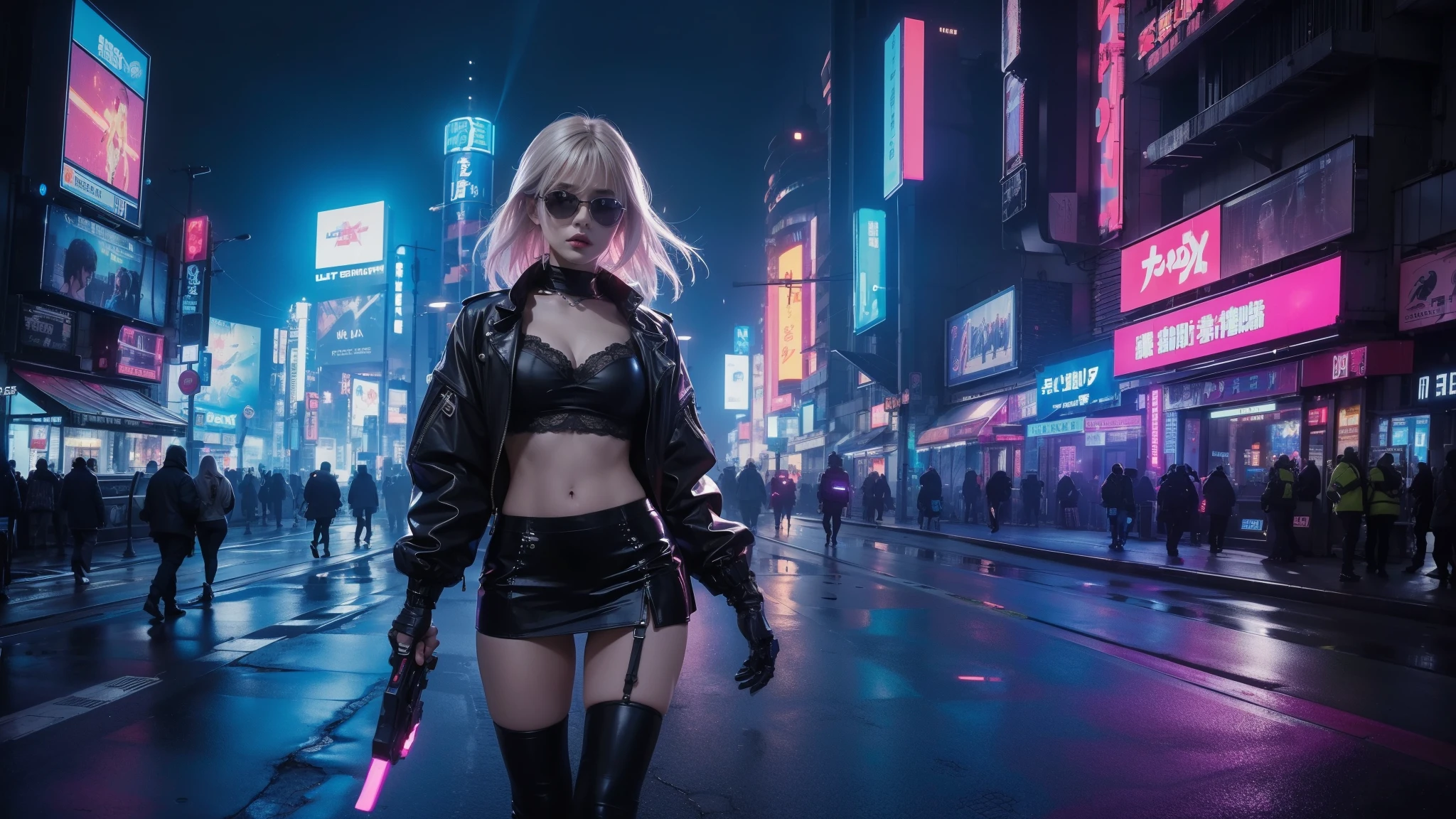 Beautiful sexy woman in plastic transparent jacket in neon lit cityscape. sexy