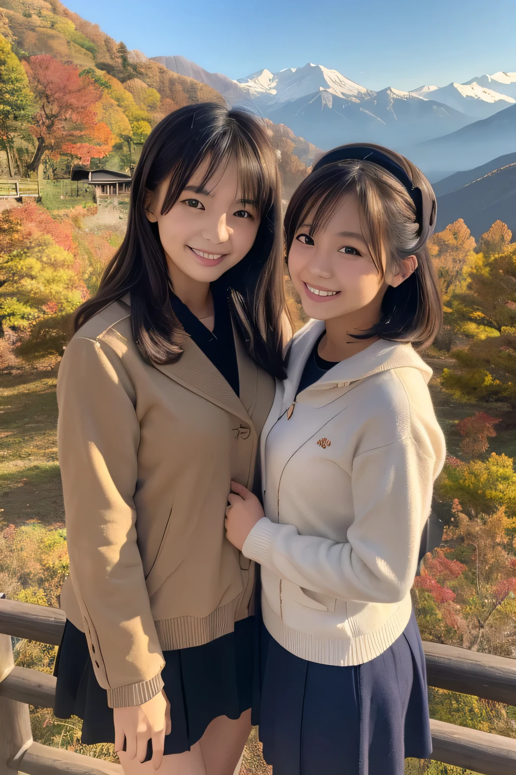 ((masterpiece)), Japanese, ((Two Girls)), smile, In the mountains in autumn,