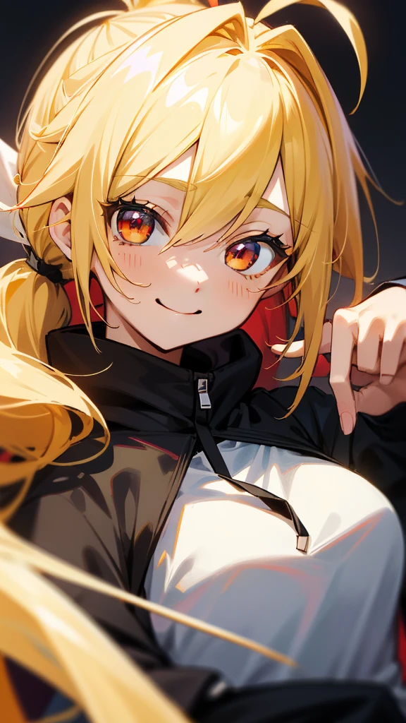 (Best Quality、masterpiece、Every detail)  Anime Girls 、Yellow Hair、Ponytail、Ahoge、Red eyes、Upper body close-up、smile、smile、Wear a black hoodie over a white shirt