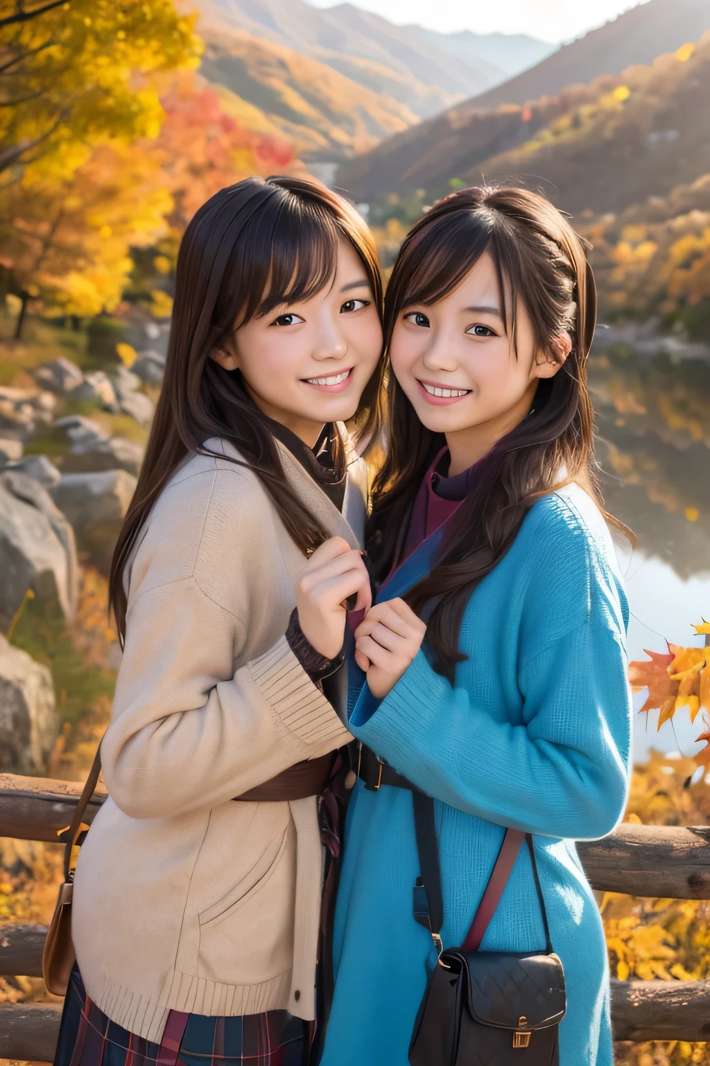 ((masterpiece)), Japanese, ((Two Girls)), smile, In the mountains in autumn,