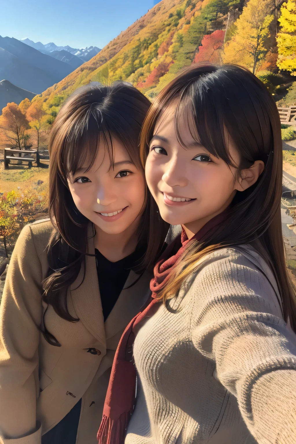 ((masterpiece)), Japanese, ((Two Girls)), smile, In the mountains in autumn,