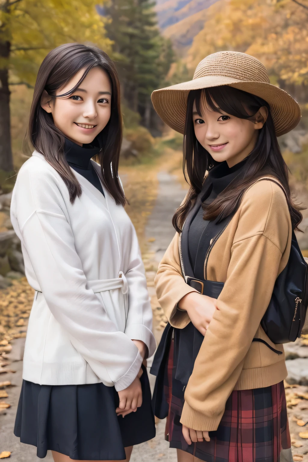 ((masterpiece)), Japanese, ((Two Girls)), smile, In the mountains in autumn,