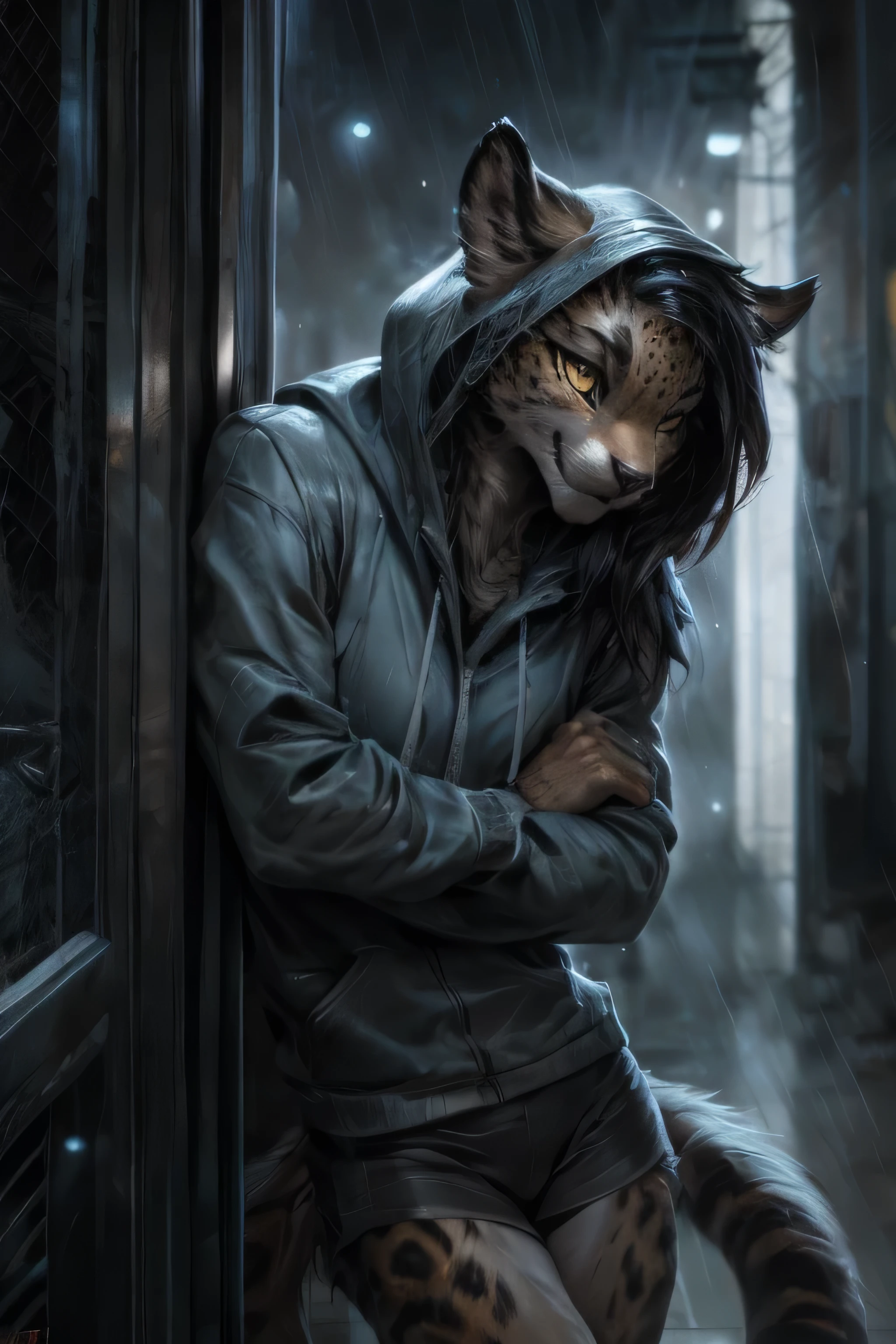 4k, ,8K, A high resolution, best quality, perfect colors, perfect shadows, perfect lighting, posted on e621, (by Chunie, by canyne khai, by t.y.starale), female, furry fox, anthro, solo, yellow eyes, (Realistic eye details 1.2), night city, rain, (Realistic Rain detail), Streetwear Hoodie wear, Full body like, muscularbody, leaning against the wall, dramatic lighting, soft lighting, day, highly detail, Hair coiled, delight, Standing up position, cool pose charm, Abstract beauty, centre, Looking at the camera, Facing the camera, nearing perfection, Dynamic, highly detailed, illustration, (Realistic background), (Leopard Tail), ((Bonifasko lighting)), (Detailed eyes), perfect pupils, detail eyes, detail fluffy fur, (seductive face:1.2), fit body, Looking at the camera,, Detailed fur, Detailed face, Perfect face, Detailed background, (Complex), (Super Detail), (Ultra Clear), (Best Quality)
