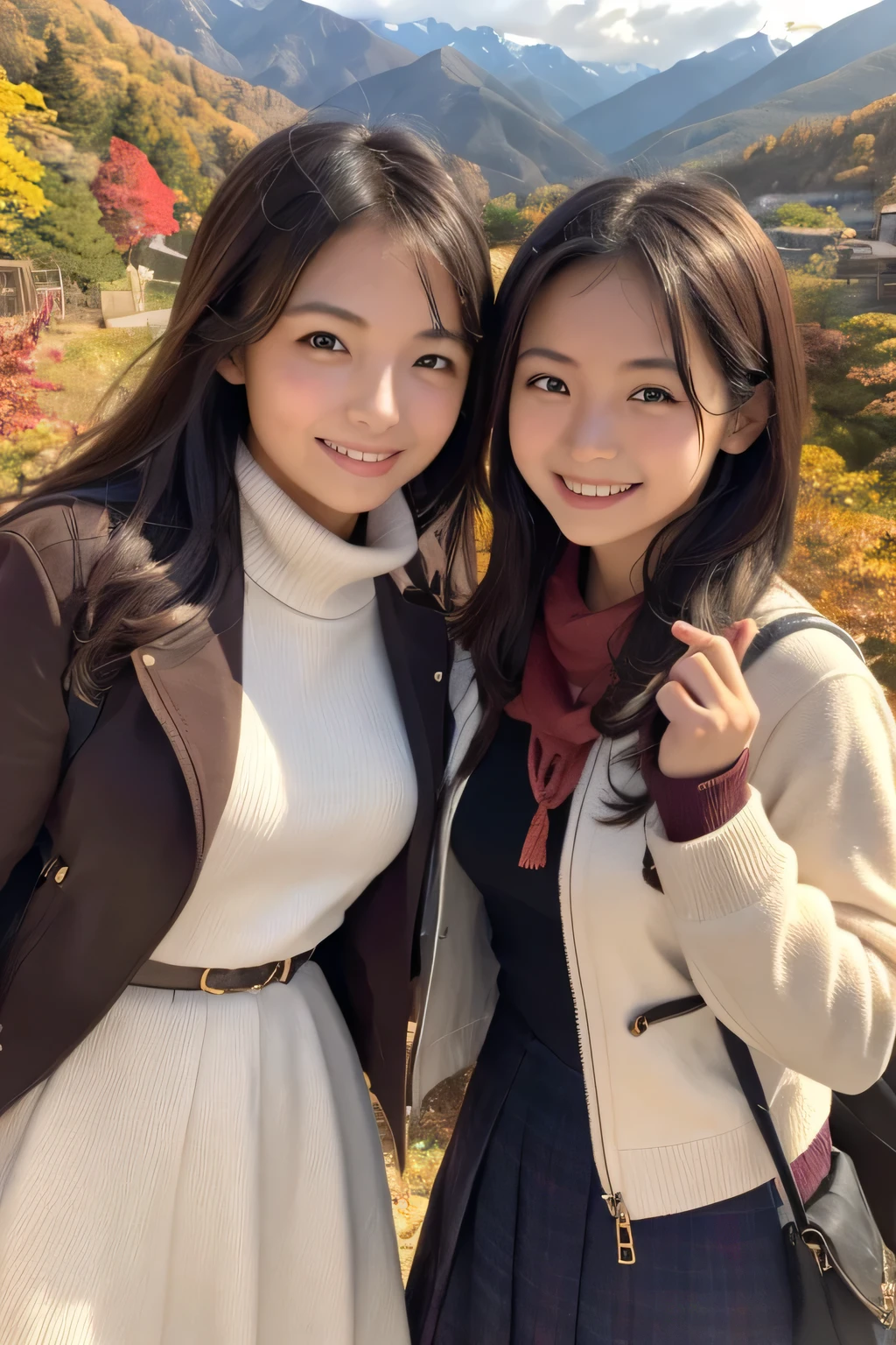 ((masterpiece)), Japanese, ((Two Girls)), smile, In the mountains in autumn,