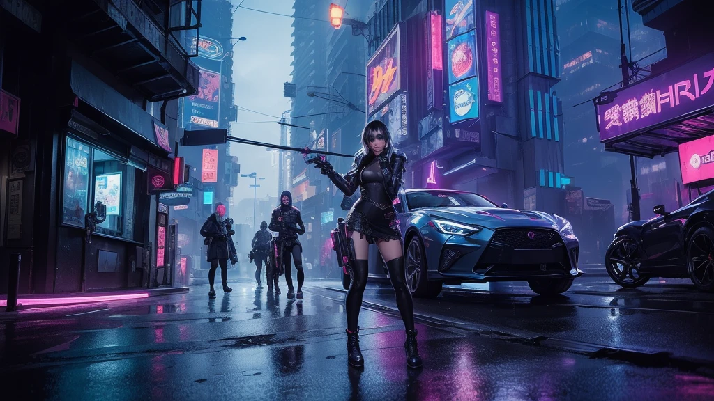 [Ultra-realistic][Cyberpunk-style] Ultra-realistic images of reality. Cyberpunk-style world. The protagonists win in battle royale or PVP and are excited to the max. Images of partygoers. The protagonist is a super beautiful woman with purple hair. Her companions are a vicious bear, a vicious rabbit, a golden-haired monkey, and cyberpunk-style cyborgs. The other characters are cyberpunk-style cyborgs. Created with a super-realistic feel like in the movies.