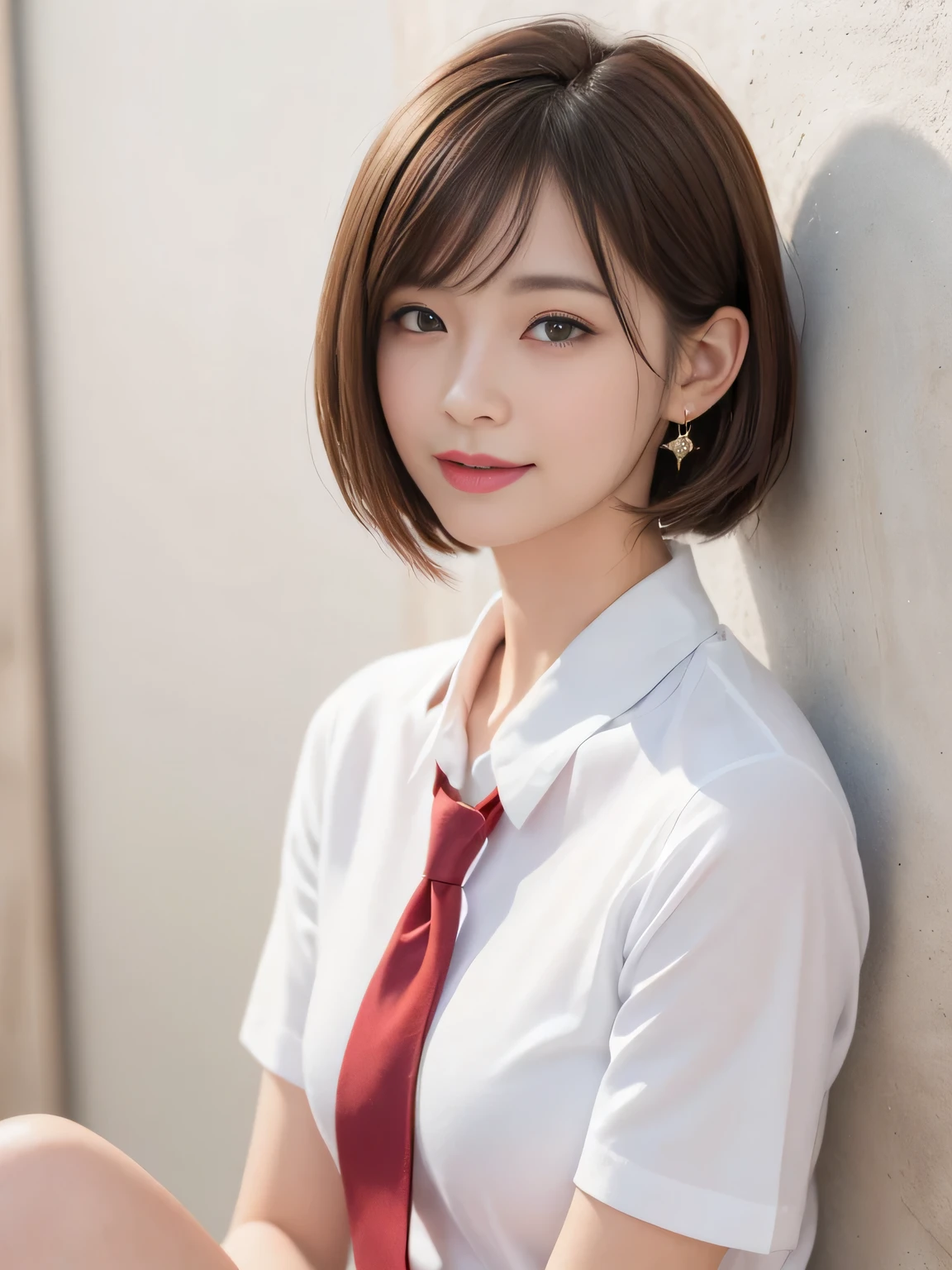 Highest quality、Figures、one person、Earrings、Cute Girls、sexly、Slender、Red tie、White shirt、sexly、Navy blue exy))、Very detailed、Fine details、Slim Body、Slender、Japanese Girls、High resolution、8k、wallpaper、Perfect dynamic composition、Beautiful fine details、Short Bob Cut、((Red Hair))、Big natural color lip、大胆なsexlyポーズ、smile、Cold Stare、17-year-old girl、Cute、Lolita、Good eyesight、whole body、Yellow wall、smile、