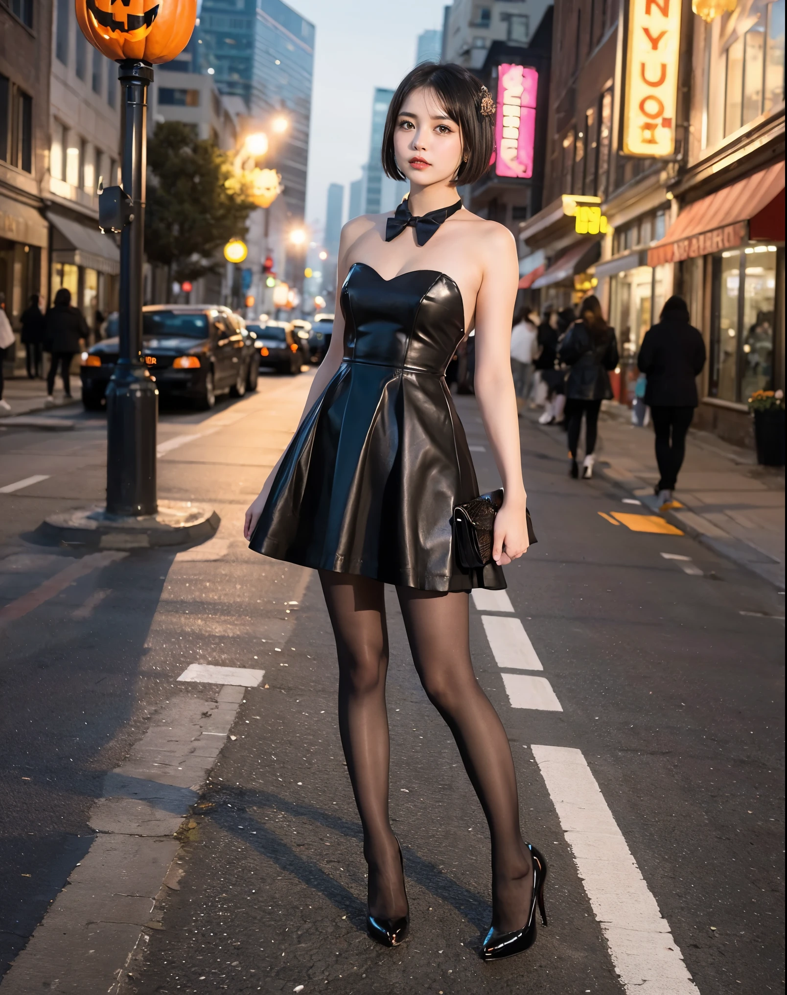 Cute young woman, Short black hair,  Brown Eyes , ,classy halloween dress,  Super Realistic Pantyhose 、Street lights,neon,Busy street background, Halloween Party、(Princess Eyes), noble, Royalty, High image quality, masterpiece, Advanced Details, Full Body Shot、Putting high heels on your feet、