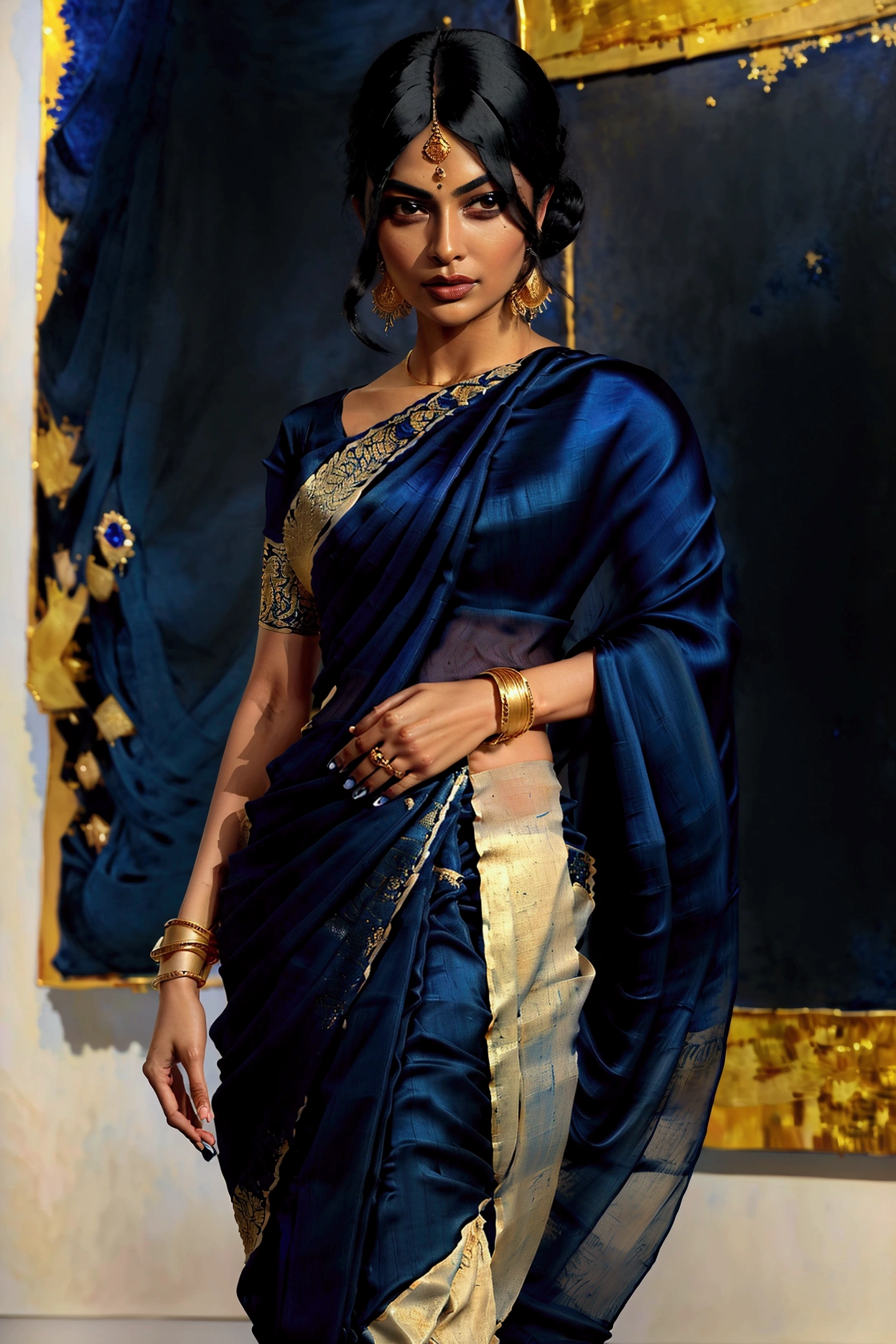 A stylized realistic illustration, best quality, full body portrait in the style of James Gurney, showcasing an elegant Indian woman with (warm brown skin:1.2), (kind eyes:1.2), and (sleek black hair:1.3) styled in a classic bun. She wears a (sapphire blue silk saree:1.4) with (intricate gold zari work:1.3) that shimmers as she moves. The saree drapes gracefully around her, accentuating her figure and creating a sense of fluid movement. She stands confidently, slightly off-center, in a (modern art gallery:1.5), surrounded by abstract paintings and sculptures. The lighting is soft and diffused, reminiscent of Gurney's portraits, highlighting the richness of the saree's color and the intricate details of the zari work. The linework is smooth and flowing, with a subtle suggestion of brushstrokes, capturing the elegance and grace of the subject. The overall mood is one of sophisticated beauty, confidence, and timeless elegance. Keywords: Indian woman, warm brown skin, kind eyes, sleek black hair, classic bun, sapphire blue silk saree, intricate gold zari work, fluid movement, modern art gallery, abstract paintings, sculptures, soft diffused lighting, smooth linework, sophisticated beauty, confidence, timeless elegance, full body portrait. Art styles: James Gurney, Art Deco, Impressionism Additional parameters: --ar 3:2 --zoom 1.8 --style expressive --lighting soft