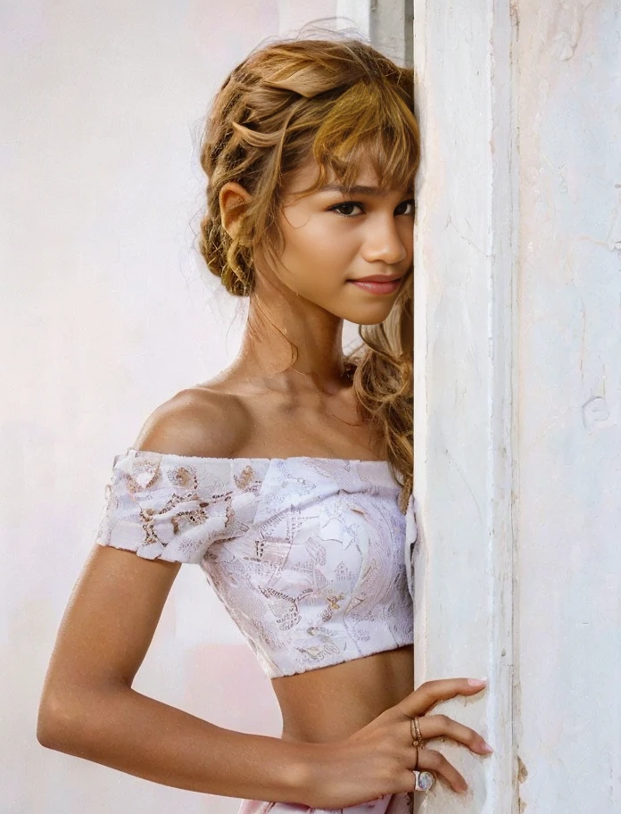 (zendaya:.4), (32k:1.5, Highest quality, masterpiece, Ultra-high resolution), Professional camera work:1.6, Highly detailed skin and face textures:1.3, Captivating portrait:1.2, Very accurate, Very detailed, 1 adult female, Incredibly slim body, sense of loss, Sadness, Expressions of sadness,  Small face, (()), (medium shot), (smile)