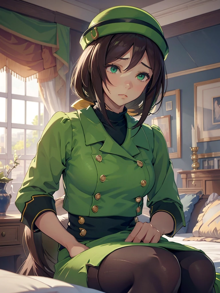 (​masterpiece、top-quality、hight resolution、Unity 8k、extremely details CG:1,Best Picture), hayakawa tazuna, low ponytail, green headwear, green jacket, green skirt, pantyhose, whore, Generate an image of a female sex worker sitting on a hotel bed, her body language conveying deep insecurity and self-doubt. Her shoulders are slumped, and she gazes downward, her eyes dull with the realization that the client felt no desire for her. There’s a profound sadness in her expression, as though her femininity and worth have been questioned. Her hands rest limply in her lap, and the room’s dim light only heightens the sense of isolation and inadequacy she feels. The atmosphere is filled with her loss of confidence as a woman, and the weight of the rejection seems to press down on her entire body.