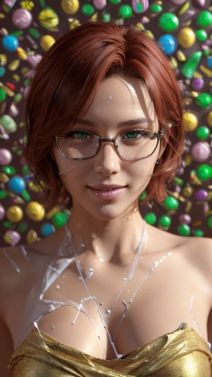 portrait, close-up,  upper body . Short, red hair, green eyes,  metal-framed glasses , green strapless dress, joyful smile, cheerful girl . (masterpiece, top quality,  better quality,  official art , beautiful and aesthetically pleasing:1.2),  is extremely detailed,(fractal art:1.2),Colorful,The most detailed, (dynamic pose), (candy background :1.5), ( Lots of candy wrappers :1.4). ((SPLIT. Skin texture, shiny skin. elegance. photorealism. unreal engine. 3D model.  Ultra high quality textures.  high detail . permission 8k))