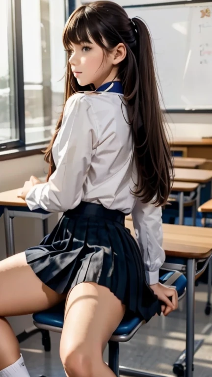 ((masterpiece, best quality)),best aesthetic,1girl, school uniform, desk, sitting, school desk, brown hair, classroom, long hair, indoors, chair, looking at viewer, :p, solo focus, brown eyes, skirt, long sleeves, pencil, 1 boy, pencil case, paper, black serafuku, multiple girls, pleated skirt, sailor collar, bangs, headrest, school bag, school chair