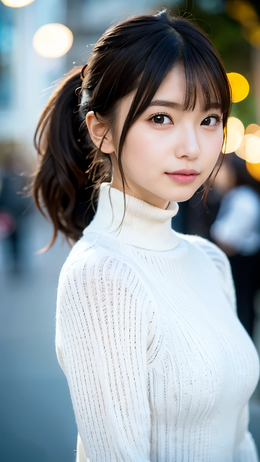 (masterpiece:1.5)、(Realistic:1.5)、(Best Quality:1.4、8k、RAW Photos)、
Ultra-high resolution、 professional lighting held in iron handcuffs、 perfect dynamic composition 、Outdoor shooting、
film grain、 chromatic avalation 、(Bokeh:1.1)、
Frank、Sophisticated、charm、超Realistic、high detail、Golden Ratio、
(1 girl)、 slender girl、繊細でcharm女の子、Cute Woman:1.4、
serious look、 staring at viewers 、Various poses、
light brown hair 、shining hair、Hairstyle: Ponytail、
Lifelike Skin、
Shut your mouth.、 beautiful eyes、double eyelid、Thin arms、、
(I'm wearing a white turtleneck ribbed long sweater dress。:1.3)
